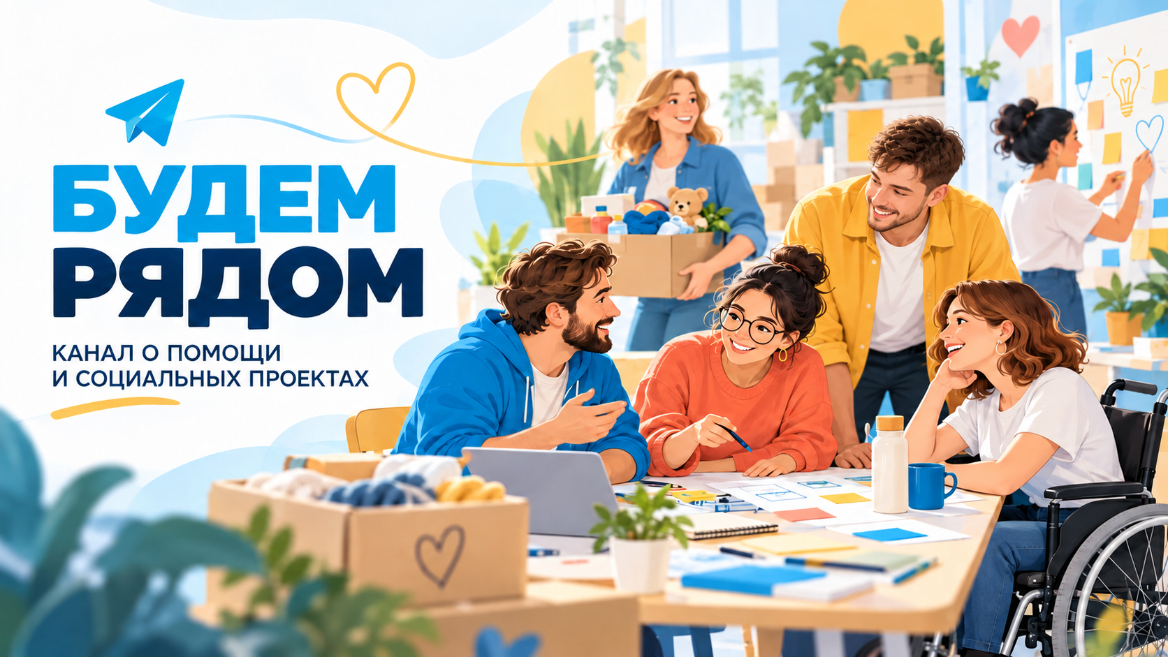 Промо-иллюстрация Telegram-канала «Будем рядом»: команда волонтёров за работой
